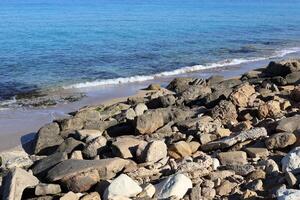 Stones and shells on the shore of the Mediterranean Sea. photo