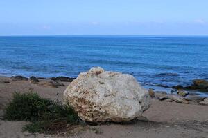 Stones and shells on the shore of the Mediterranean Sea. photo