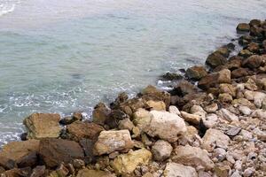 Stones and shells on the shore of the Mediterranean Sea. photo