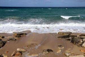 Stones and shells on the shore of the Mediterranean Sea. photo