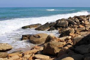 Stones and shells on the shore of the Mediterranean Sea. photo