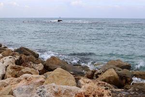 Stones and shells on the shore of the Mediterranean Sea. photo