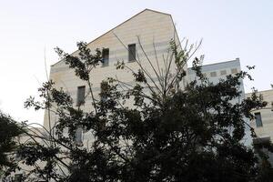 Tel Aviv Israel 03 28 2024. Buildings and structures in Tel Aviv through the foliage of tall trees. photo