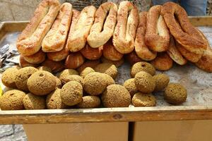 Bread and bakery products are sold in a bakery in Israel. photo