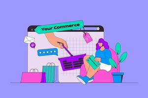 en línea comercio concepto en moderno plano diseño para web. mujer haciendo compra pedidos a Tienda sitio, pago con crédito tarjeta a Internet. ilustración para social medios de comunicación bandera, márketing material. vector