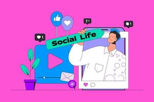 Social media concept in modern flat design for web. Man making new post with selfie photo, collecting likes and followers comments. illustration for social media banner, marketing material. vector