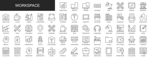 Workspace web icons set in thin line design. Pack of office, workplace, computer, teamwork, statistic, tools, brainstorm, presentation, document, other outline stroke pictograms. illustration. vector