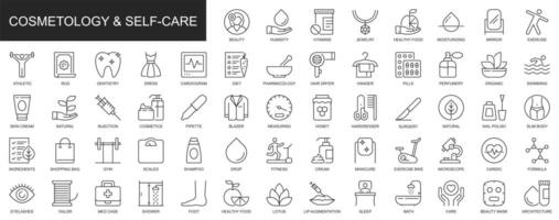 Cosmetology and self care web icons set in thin line design. Pack of beauty, vitamin, jewelry, healthy food, moisturizing, dentistry, fitness, other outline stroke pictograms. illustration. vector