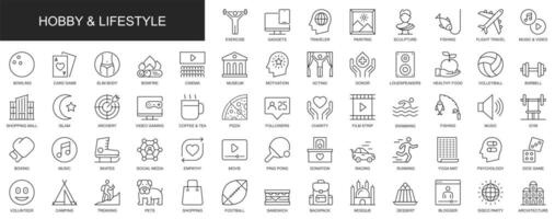 Hobby and lifestyle web icons set in thin line design. Pack of exercise, gadget, traveler, sculpture, museum, gym, social media, psychology, game, other outline stroke pictograms. illustration. vector