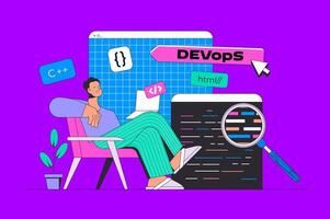 Development concept in modern flat design for web. Developer programming software, monitoring DevOps, engineers project communication. illustration for social media banner, marketing material. vector