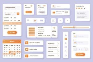 User interface elements set for Booking mobile app or web. Kit template with HUD, flight ticket reservation, travel information, online order, review, search. Pack of UI, UX, GUI. components. vector
