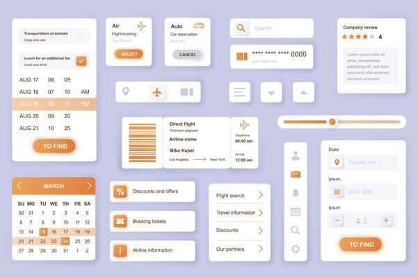 User interface elements set for Booking mobile app or web. Kit template with HUD, flight ticket reservation, travel information, online order, review, search. Pack of UI, UX, GUI. components.