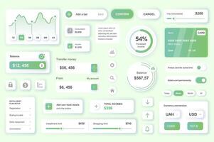 usuario interfaz elementos conjunto para bancario móvil aplicación o web. equipo modelo con hud, crédito tarjeta gestión, ingresos equilibrar datos, dinero transferir, en línea cuenta. paquete de ui, ux, interfaz gráfica de usuario componentes vector