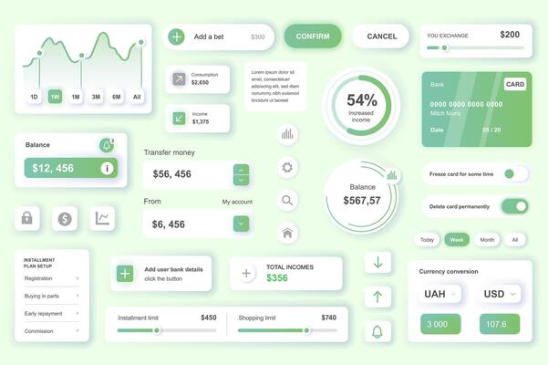 User interface elements set for Banking mobile app or web. Kit template with HUD, credit card management, income balance data, money transfer, online account. Pack of UI, UX, GUI. components.