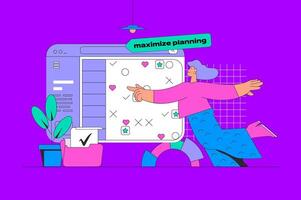 Planning concept in modern flat design for web. Woman making plan in calendar schedule, organizing processes and agenda with deadline. illustration for social media banner, marketing material. vector