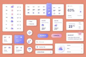 User interface elements set for Weather mobile app or web. Kit template with HUD, forecast today and tomorrow, humidity, temperature, meteorology information. Pack of UI, UX, GUI. components. vector