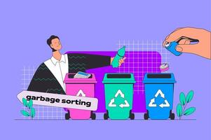 Waste management concept in modern flat design for web. Man collecting and sorting garbage in different trash bin for recycling plant. illustration for social media banner, marketing material. vector