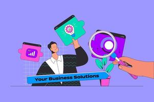 Business solution concept in modern flat design for web. Man searching new ideas, analysis plan and making research, brainstorming. illustration for social media banner, marketing material. vector