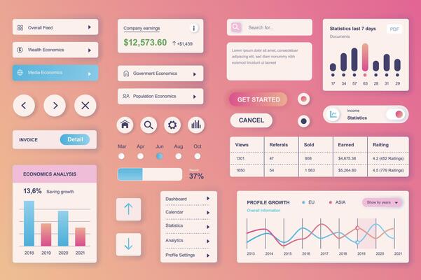 User interface elements set for Finance mobile app or web. Kit template with HUD, earning balance, economics chart, statistics data, financial analysis, report. Pack of UI, UX, GUI. components.