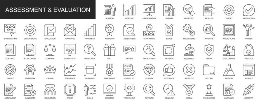 Assessment and evaluation web icons set in thin line design. Pack of auditor, presentation, report, results, target, satisfaction, rating, award, other outline stroke pictograms. illustration. vector