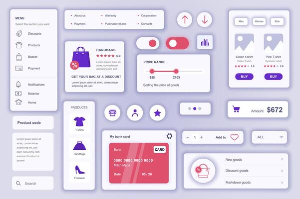 User interface elements set for Commerce mobile app or web. Kit template with HUD, shop menu, product order, price, purchase payment, marketplace navigation. Pack of UI, UX, GUI. components.