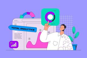 Data analysis concept in modern flat design for web. Man analyzing graphs, making marketing research, working with database and charts. illustration for social media banner, marketing material. vector