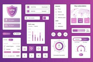 User interface elements set for VPN service mobile app or web. Kit template with HUD, download, upload, locations, speed, buy subscription, online security. Pack of UI, UX, GUI. components. vector