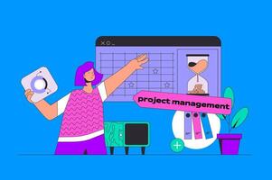 Project management concept in modern flat design for web. Woman organizing workflow processes and agenda with deadline in company. illustration for social media banner, marketing material. vector