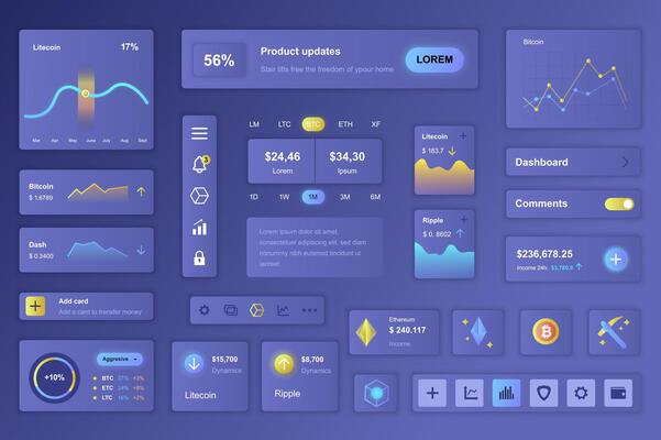 User interface elements set for Cryptocurrency mobile app or web. Kit template with HUD, finance statistics, trading data, bitcoin graph, currency exchange. Pack of UI, UX, GUI. components.