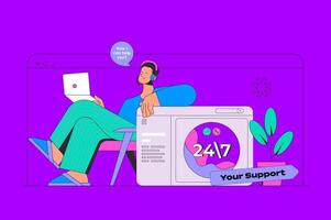 Online support concept in modern flat design for web. Operator answering clients calling, chatting and solving technical problems. illustration for social media banner, marketing material. vector