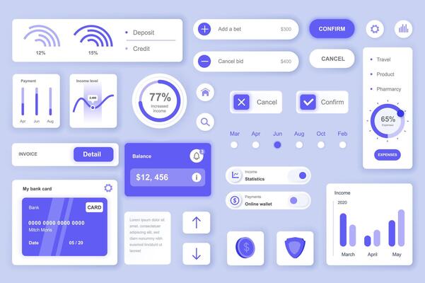 User interface elements set for Banking mobile app or web. Kit template with HUD, financial management, deposit and credit, account balance, invoice, payments. Pack of UI, UX, GUI. components.