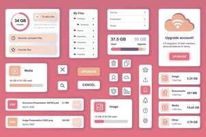 User interface elements set for Cloud storage mobile app or web. Kit template with HUD, file management, online security system, account upgrade, hosting data. Pack of UI, UX, GUI. components. vector