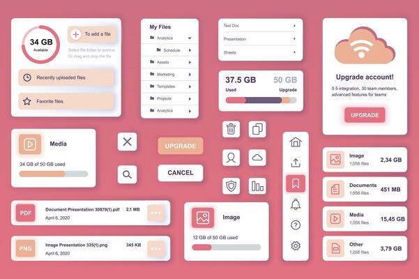 User interface elements set for Cloud storage mobile app or web. Kit template with HUD, file management, online security system, account upgrade, hosting data. Pack of UI, UX, GUI. components.