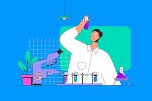 Science laboratory concept in modern flat design for web. Scientist making researches and experiment at lab flask, works at microscope. illustration for social media banner, marketing material. vector