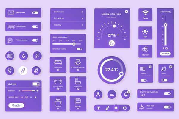 User interface elements set for Smart home mobile app or web. Kit template with HUD, automation system, remote monitoring, room thermostat control, security. Pack of UI, UX, GUI. components.