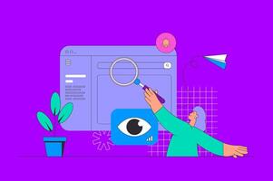 Seo optimization concept in modern flat design for web. Woman analyzes data, works with search engines and optimizes site traffic. illustration for social media banner, marketing material. vector