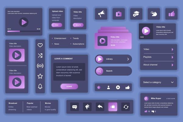 User interface elements set for tube mobile app or web. Kit template with HUD, player navigation, playlist, content trends, broadcast, streaming platform. Pack of UI, UX, GUI. components.