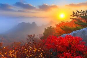 Photo sunrise of bukhansan mountain in seoul city scape