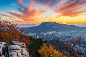 Photo sunrise of bukhansan mountain in seoul city scape