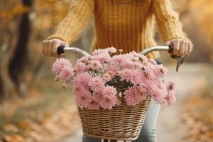 hembra es montando bicicleta con cesta de rosado Chrysanth bicicleta cesta con flores y sombrero foto