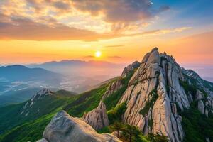 Photo sunrise of bukhansan mountain in seoul city scape