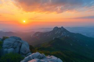 Photo sunrise of bukhansan mountain in seoul city scape