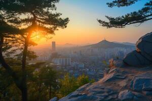 Photo sunrise of bukhansan mountain in seoul city scape