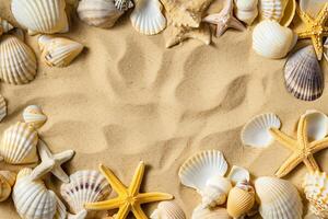 foto Copiar espacio arena con conchas y estrella de mar