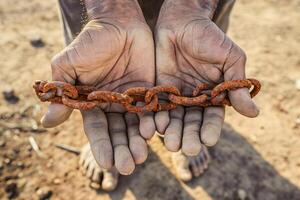 foto dos masculino manos participación un oxidado metal cadena