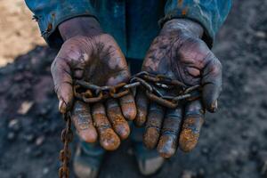 foto dos masculino manos participación un oxidado metal cadena