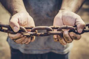 Photo two male hands holding a rusty metal chain