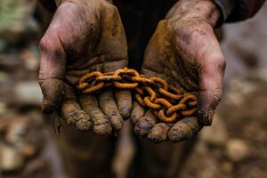 foto dos masculino manos participación un oxidado metal cadena