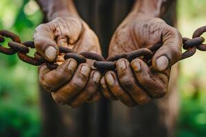 foto dos masculino manos participación un oxidado metal cadena