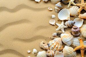 photo copy space sand with shells and starfish